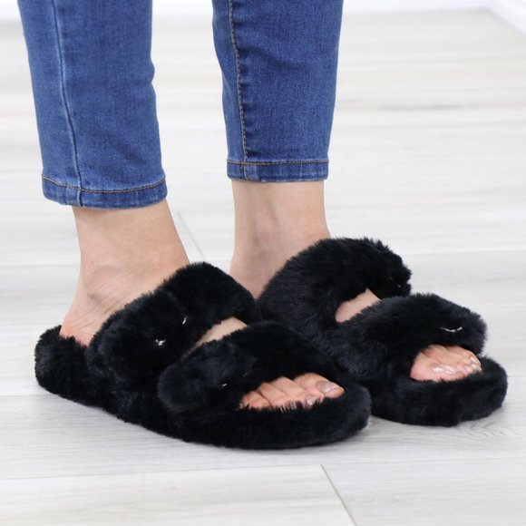 Black Puff Fuzzy Fluffy Slip On Plush Slippers Double Strap - Picture 2 of 16